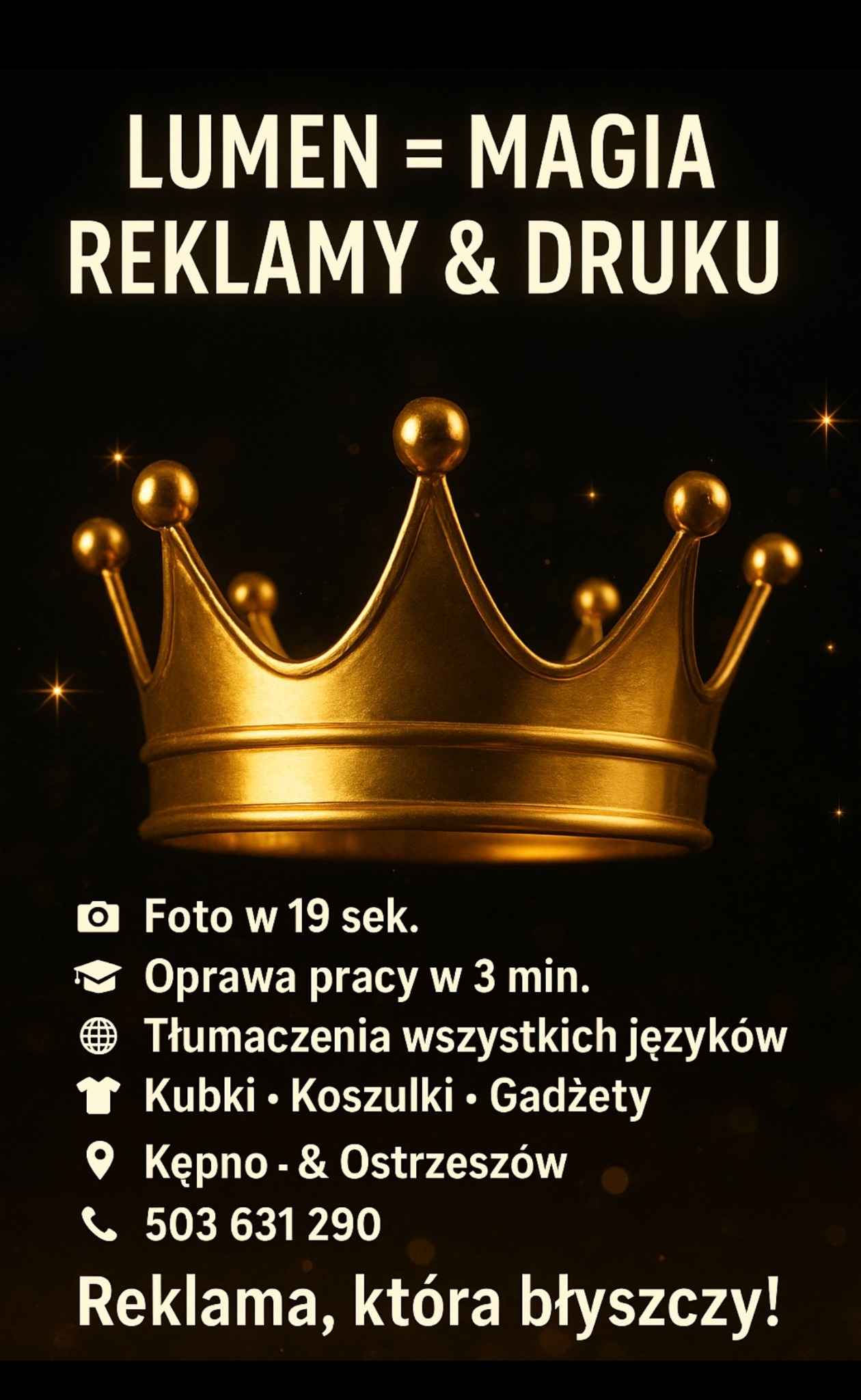 Złota korona na czarnym tle z tekstem 'Lumen = Magia Reklamy & Druku'. Oferta obejmuje foto, oprawę prac, tłumaczenia, gadżety i reklamę.