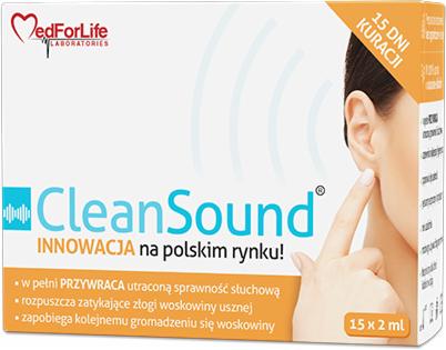 Opakowanie preparatu CleanSound do czyszczenia uszu, z ilustracją ucha i palca wskazującego. Na opakowaniu informacje o innowacyjności produktu i 15-dniowej kuracji.