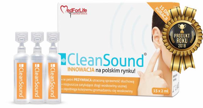 Zdjęcie prezentuje trzy buteleczki preparatu CleanSound obok opakowania zbiorczego, reklamowanego jako innowacja na polskim rynku, przywracająca sprawność słuchową i rozpuszczająca złogi woskowiny...