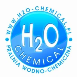 Logo firmy H2O-CHEMICAL.PL, pralnia wodno-chemiczna z adresem www w okręgu, białe litery na niebieskim tle.