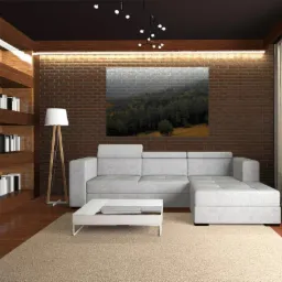Wizualizacja salonu z ceglaną ścianą, szarą sofą narożną, drewnianym regałem z książkami i obrazem leśnym nad sofą.