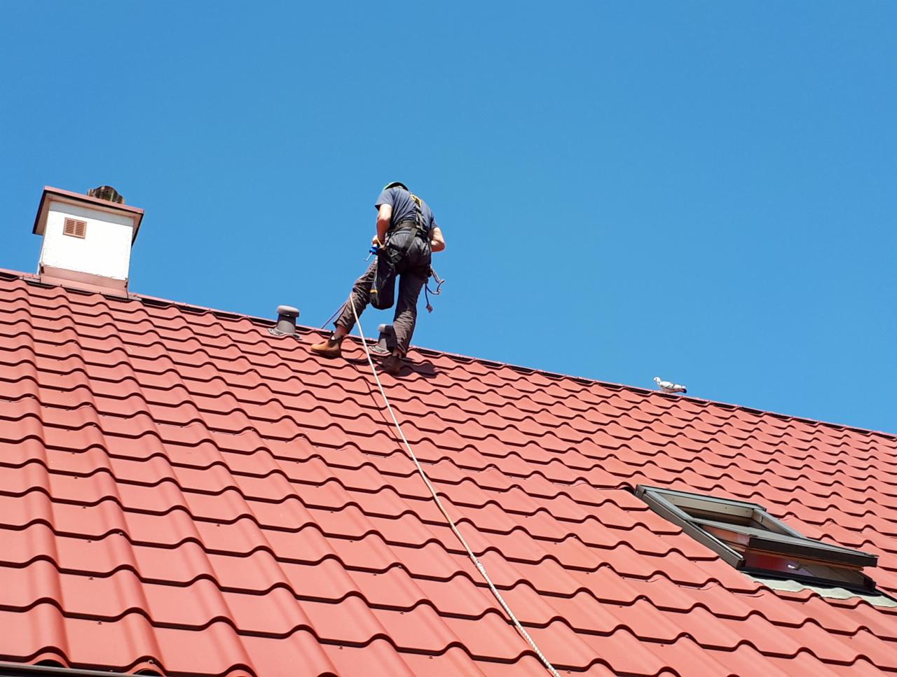 Pracownik w uprzęży asekuracyjnej na dachu z czerwonej blachodachówki, z widocznym kominem i oknem dachowym, na tle błękitnego nieba. Na dachu siedzi gołąb.