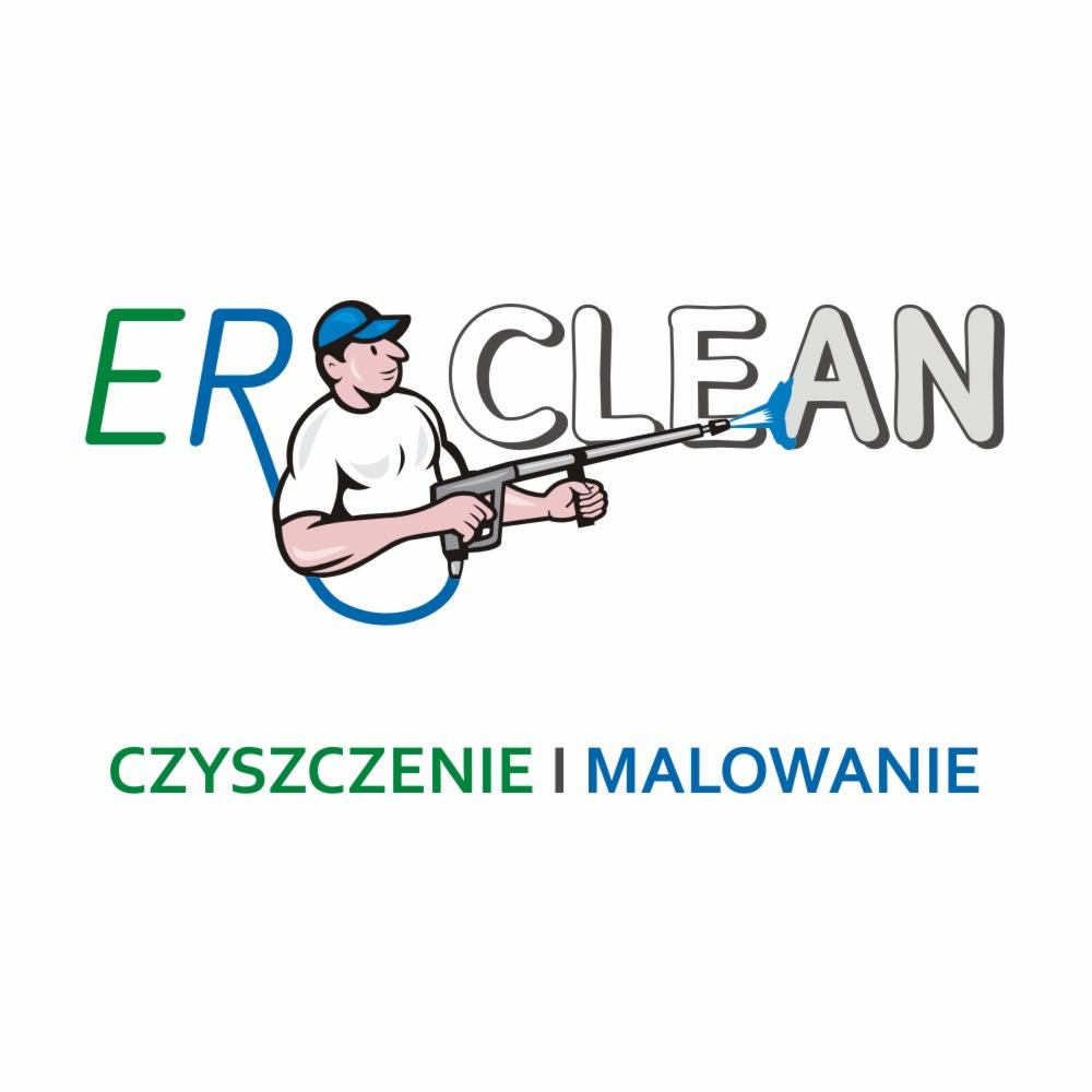 Ilustracja logo firmy: Stylizowana postać mężczyzny w czapce trzymającego pistolet ciśnieniowy, z napisem 'ER CLEAN' oraz 'CZYSZCZENIE I MALOWANIE' poniżej.