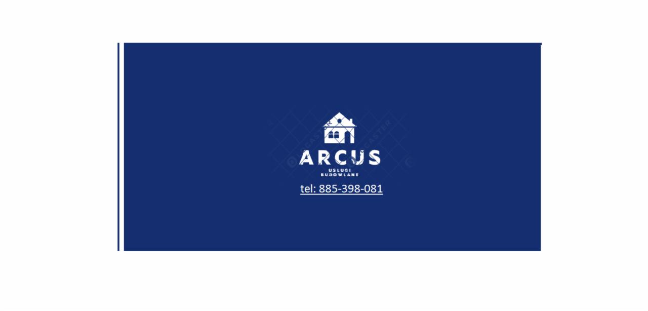 Wizytówka firmy budowlanej Arcus z logo w postaci domu i numerem telefonu 885-398-081 na granatowym tle z delikatnym wzorem siatki.