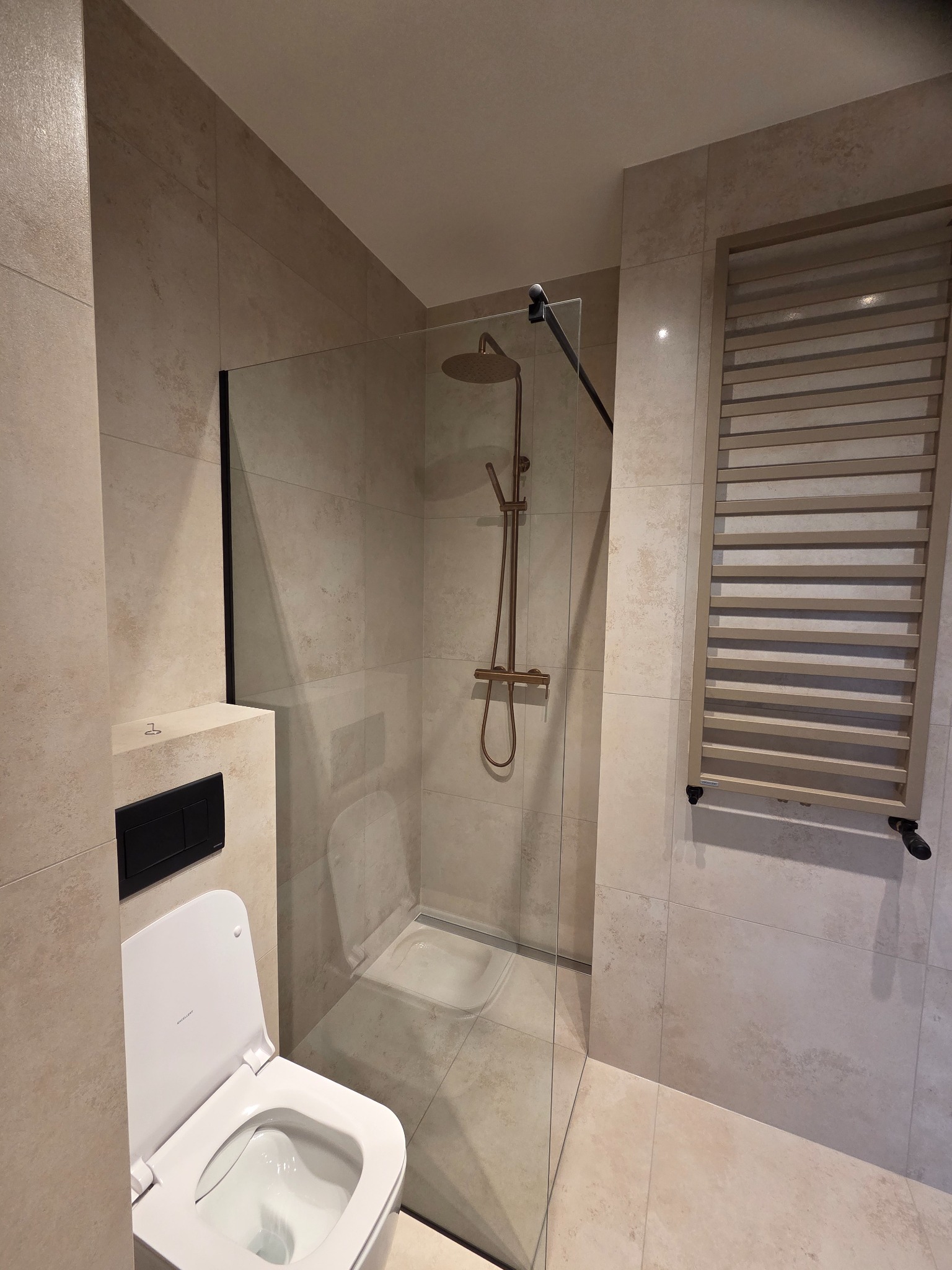 Beżowa łazienka po remoncie: kabina prysznicowa ze złotą armaturą, toaleta podtynkowa z czarnym przyciskiem i grzejnik drabinkowy. Minimalistyczny design.