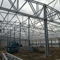 Montaż stalowej konstrukcji hali, widoczne elementy konstrukcyjne, słupy, dźwig i podnośniki koszowe na placu budowy, pochmurne niebo w tle.