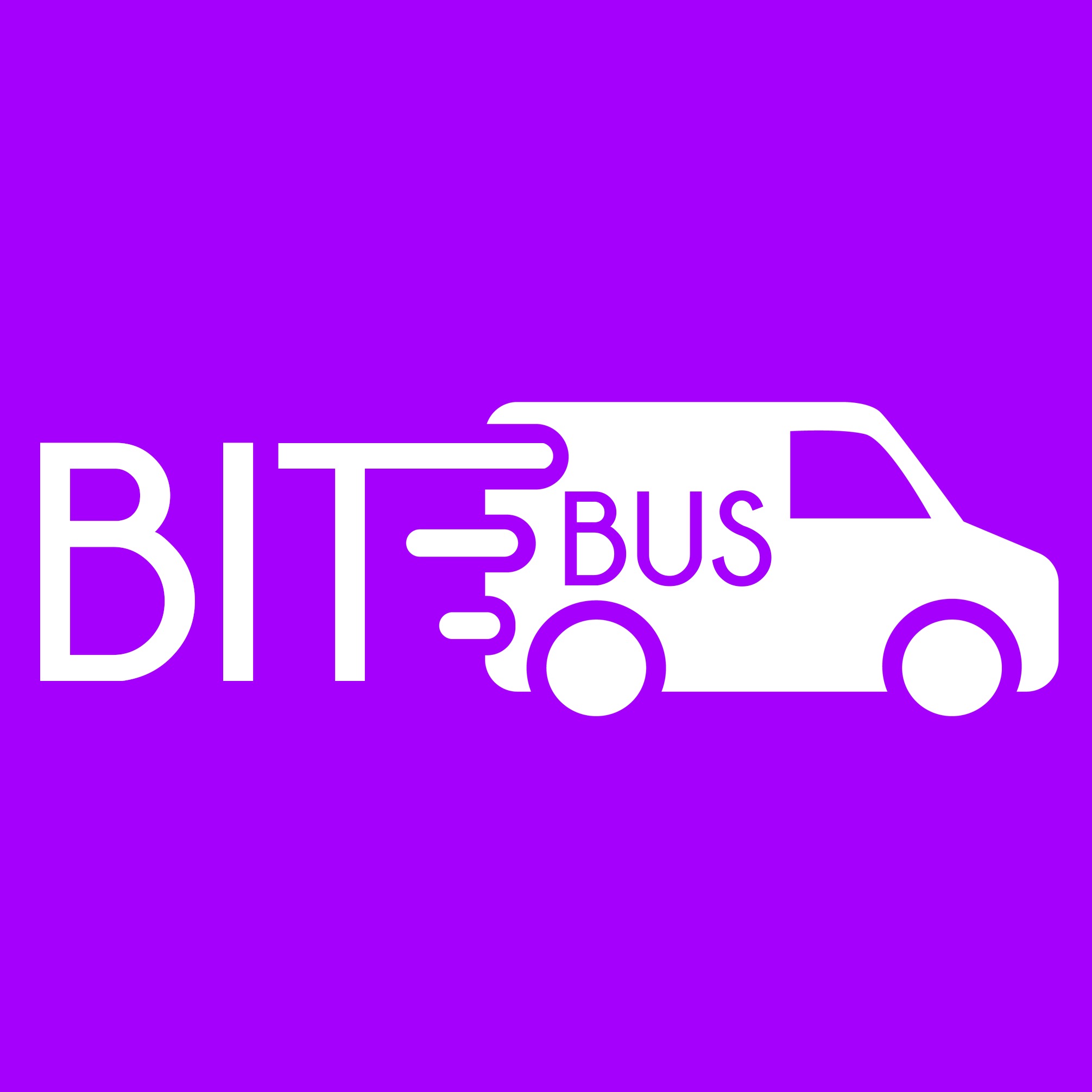 Fioletowe logo firmy transportowej 'Bit Bus' z białym napisem i grafiką furgonetki.