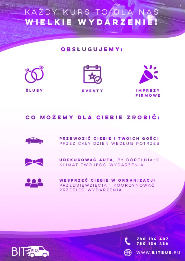 Grafika reklamowa firmy transportowej oferującej obsługę ślubów, eventów i imprez firmowych, z ikonami i tekstem o możliwości przewozu gości, dekoracji aut i wsparcia w organizacji wydarzeń.