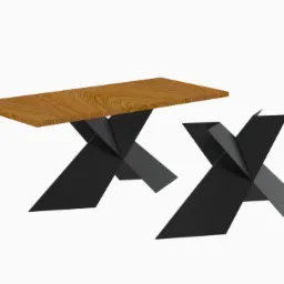 Wizualizacja stołu z blatem z drewna o wyraźnym usłojeniu i czarnymi, geometrycznymi nogami w kształcie litery X, na białym tle.