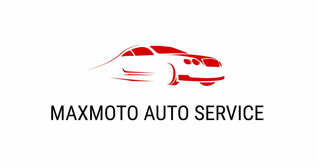 Logo firmy Maxmoto Auto Service z stylizowanym czerwonym konturem samochodu na białym tle.