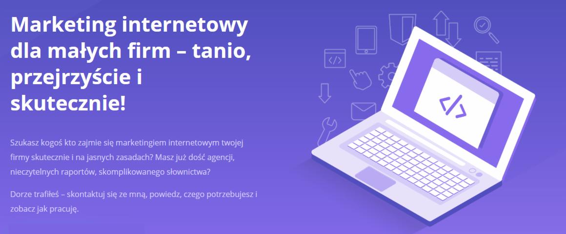 Grafika koncepcyjna przedstawiająca laptopa z symbolem kodu na ekranie, otoczonego ikonami narzędzi internetowych na fioletowym tle, sugerująca usługi dla małych firm.