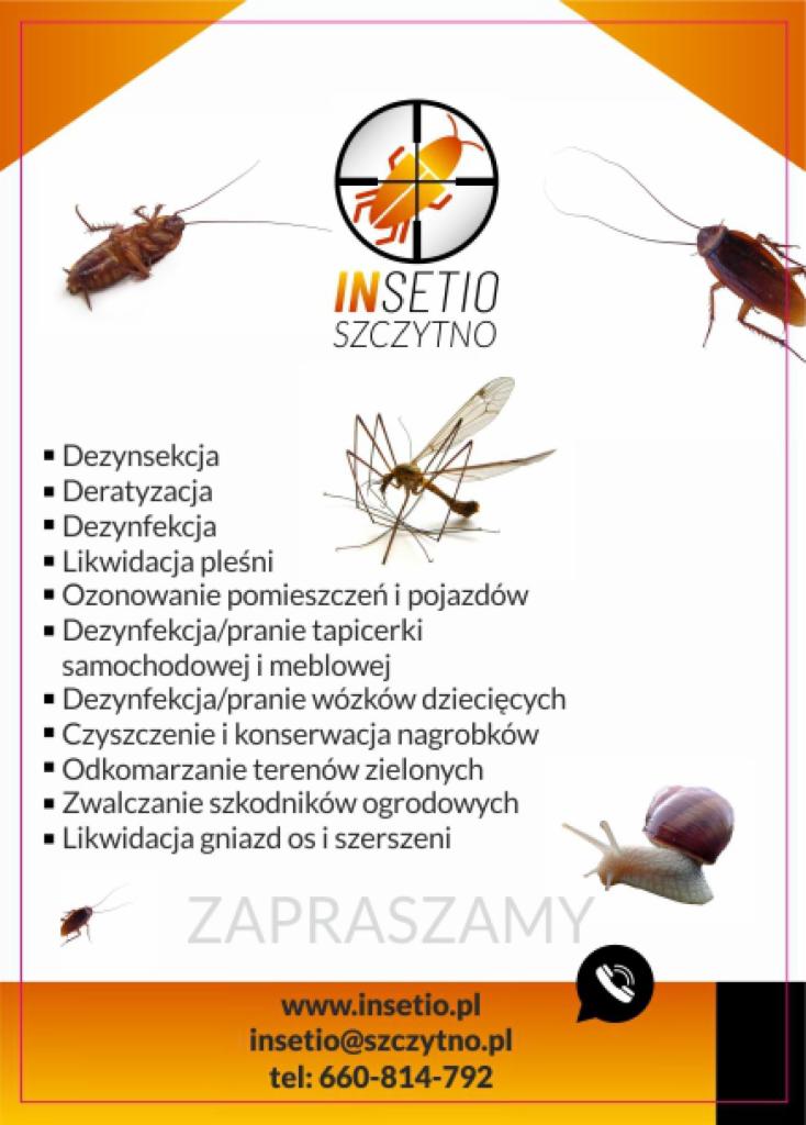 Grafika reklamowa firmy Insetio Szczytno z insektami, ślimakiem i listą oferowanych usług, takich jak dezynsekcja, deratyzacja i likwidacja gniazd os.