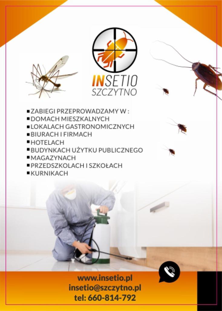 Plakat reklamowy firmy Insetio Szczytno z grafikami komarów i karaluchów, informacją o zabiegach przeprowadzanych w różnych miejscach oraz danymi kontaktowymi.