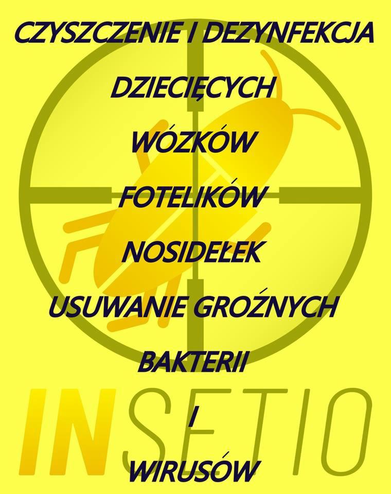 Grafika reklamowa: Czyszczenie i dezynfekcja dziecięcych wózków, fotelików, nosidełek, usuwanie groźnych bakterii i wirusów, logo firmy INSETIO na żółtym tle z symbolem insekta w celowniku.