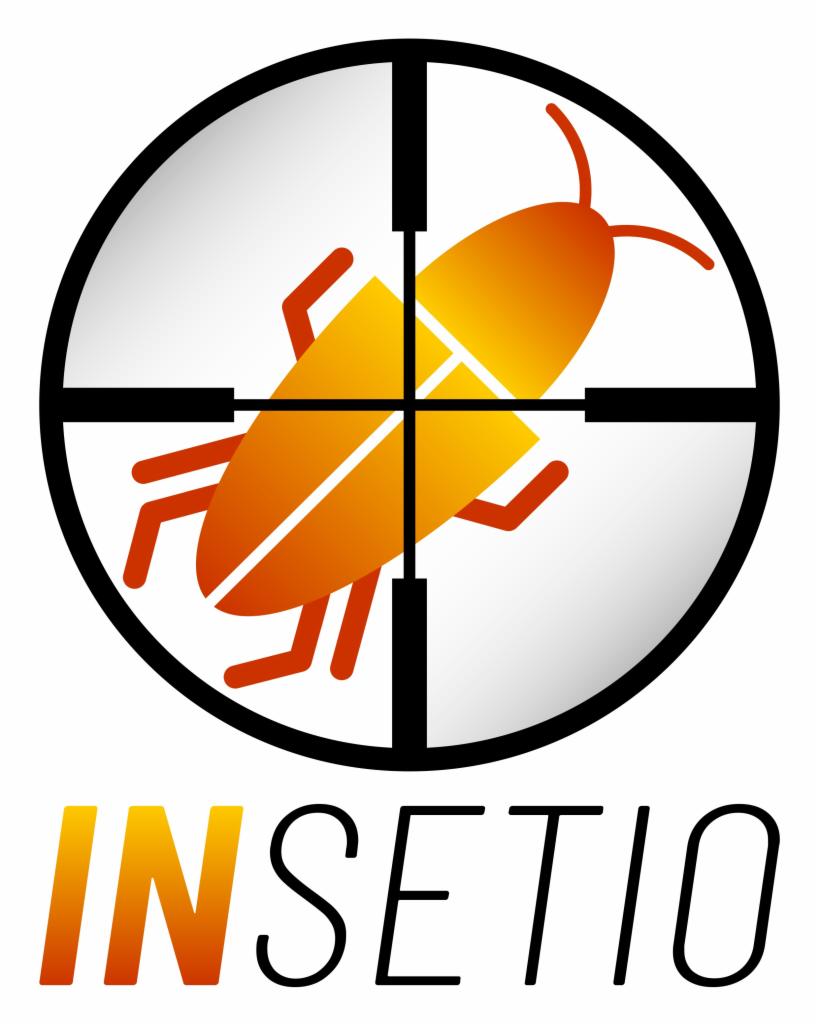 Grafika przedstawia stylizowaną sylwetkę karalucha w celowniku na białym tle, poniżej napis 'INSETIO' z gradientem kolorów.