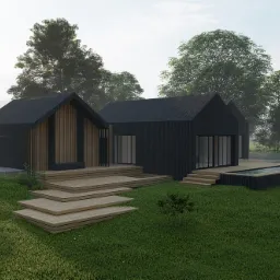 Wizualizacja dwóch nowoczesnych, czarnych budynków z drewnianymi akcentami, połączonych drewnianym tarasem z schodami i małym basenem, otoczonych zielonym trawnikiem i drzewami.