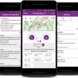 Trzy smartfony z aplikacją prezentującą dane telemetryczne pojazdu: raport trasy, mapa z lokalizacją i wskaźniki prędkości, interfejs użytkownika w odcieniach fioletu.