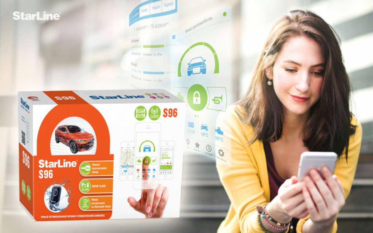 Kobieta przegląda w telefonie aplikację do zdalnego sterowania systemem zabezpieczeń pojazdu StarLine S96, obok pudełko z systemem.