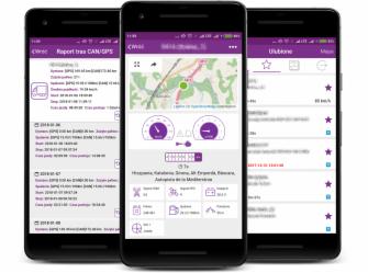 Trzy smartfony z aplikacją prezentującą dane telemetryczne pojazdu: raport trasy, mapa z lokalizacją i wskaźniki prędkości, interfejs użytkownika w odcieniach fioletu.