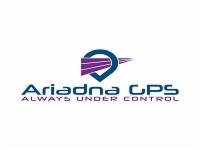 Logo firmy Ariadna GPS z symbolem lokalizacji i hasłem 'Always under control' na białym tle.