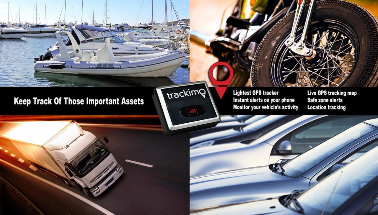 Kompozycja z czterech ujęć: łodzie w marinie, koło motocykla, tracker GPS Trackimo z przyciskiem SOS, ciężarówka w ruchu i rzędy samochodów, ilustrujące różne zastosowania lokalizacji.