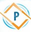 Logo firmy z niebieską literą P w centrum pomarańczowego kwadratu na tle niebieskich okręgów, na białym tle.