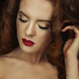 Portret kobiety o rudych włosach z intensywnym makijażem oczu i czerwonymi ustami, spoglądającej w dół, z dłonią we włosach.