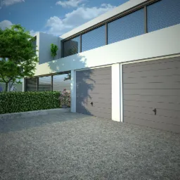 Nowoczesny dom z dwoma szarymi segmentowymi bramami garażowymi, widok z zewnątrz, zieleń w tle i na dachu.