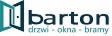 Logo firmy Barton z symbolem graficznym okna w lewym górnym rogu i napisem 'drzwi - okna - bramy' pod nazwą firmy.