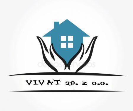 Logo firmy Vivat sp. z o.o. przedstawiające stylizowany niebieski dom w czarnych dłoniach.