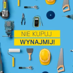 Grafika z różnorodnymi narzędziami budowlanymi i remontowymi, takimi jak szlifierka kątowa, wałek malarski, szpachelka, klucz nastawny, kombinerki, multimetr, imadło, piła ręczna, wiertarka...