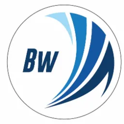 Okrągłe logo firmy z granatowym napisem 'BW' i trzema dynamicznymi, zakrzywionymi paskami w odcieniach błękitu.
