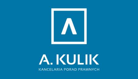 Logo kancelarii porad prawnych A. Kulik z symbolem strzałki w kwadracie na niebieskim tle.