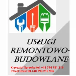 Grafika z logo firmy remontowo-budowlanej, prezentująca schematyczny dom z narzędziami: klucz francuski, szpachelka i pędzel, poniżej nazwa firmy i dane kontaktowe.