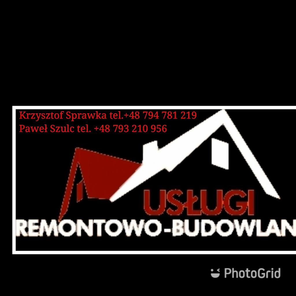 Logo firmy remontowo-budowlanej z numerami telefonów Krzysztofa Sprawki i Pawła Szulca, przedstawiające schematyczny rysunek domu z czerwonym i białym dachem oraz napisem 'USŁUGI REMONTOWO-BUDOWLANE'.