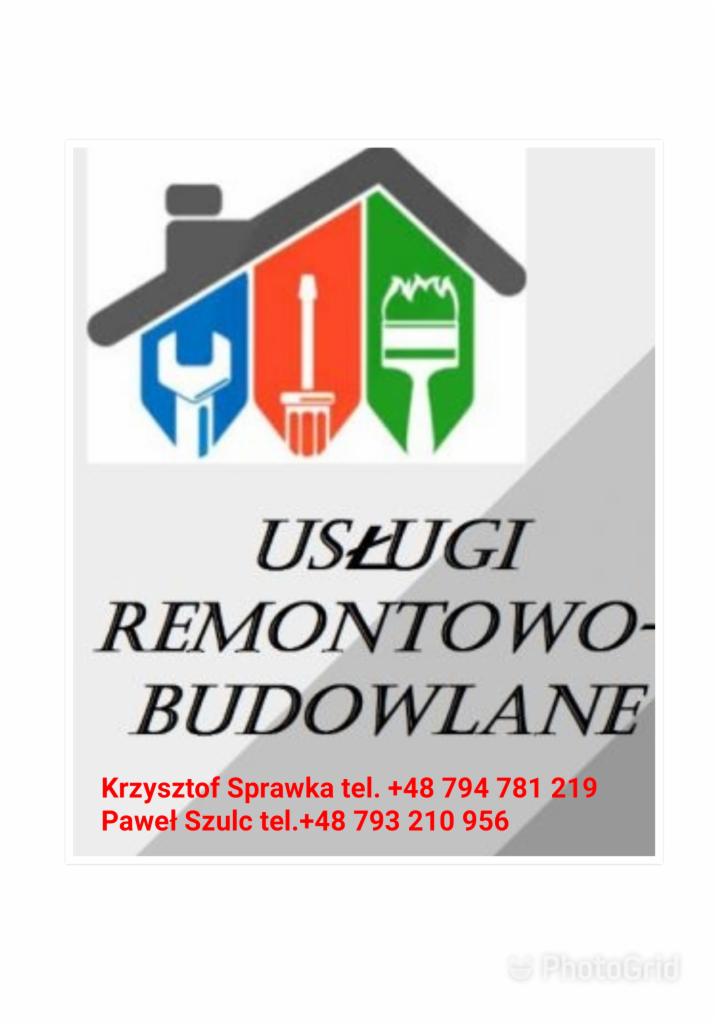 Grafika z logo firmy remontowo-budowlanej, prezentująca schematyczny dom z narzędziami: klucz francuski, szpachelka i pędzel, poniżej nazwa firmy i dane kontaktowe.