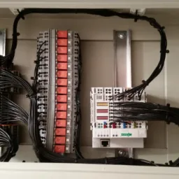 Wnętrze skrzynki elektrycznej z zamontowanymi listwami zaciskowymi i przewodami, widoczne złącza WAGO.