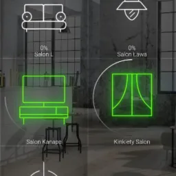 Ekran smartfona z aplikacją do zarządzania inteligentnym domem, prezentującą schemat salonu z ikonami oświetlenia, kanapy i innych elementów, z opcją wyłączenia wszystkiego.
