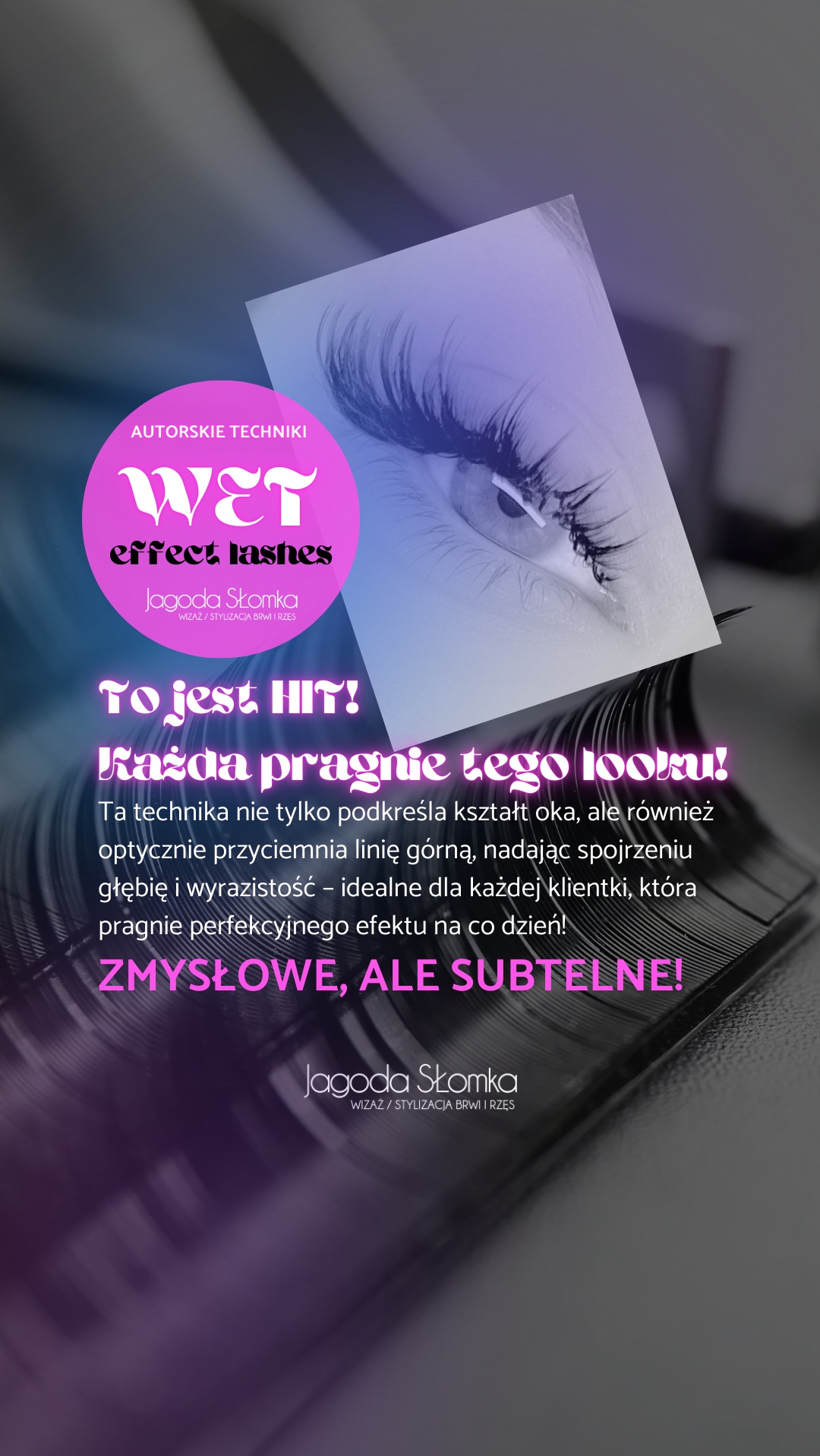 Grafika reklamowa prezentująca efekt stylizacji rzęs 'Wet Effect Lashes' z bliska, z logo i hasłami reklamowymi na tle płyty winylowej.