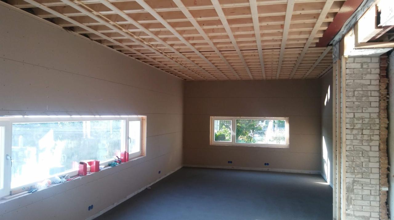 Wnętrze w trakcie wykańczania: ściany pokryte płytami gipsowo-kartonowymi, drewniana konstrukcja podwieszanego sufitu, wylewka na podłodze, widoczne okna z widokiem na zieleń.