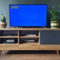 Drewniana szafka RTV z szarym frontem, na niej telewizor z komunikatem 'Brak sygnału', obok doniczki z roślinami, widoczne router i konsola do gier w otwartej przestrzeni szafki.