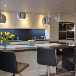 Nowoczesna kuchnia z białymi szafkami, czarnym blatem i wyspą, oświetlona metalowymi lampami wiszącymi. Na blacie niebieska misa z owocami i wazon z żółtymi tulipanami.