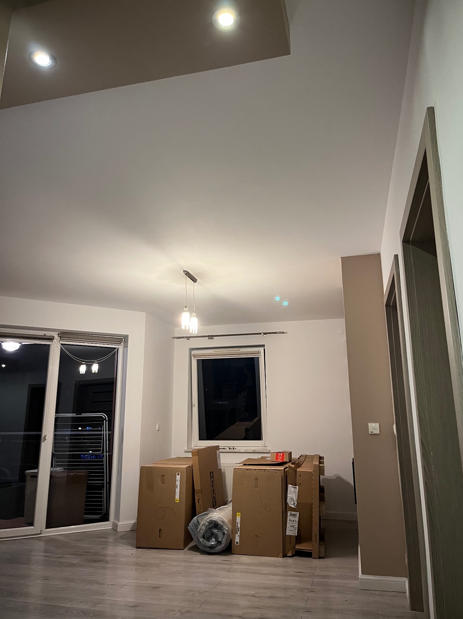 Puste mieszkanie z kartonami po meblach, widoczne nowe panele podłogowe, okno i drzwi w szarych odcieniach, sufit z oświetleniem punktowym i wiszącą lampą.