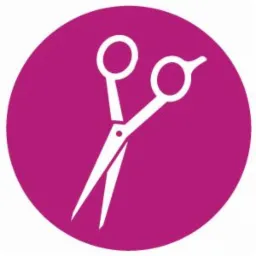 Biały piktogram otwartych nożyczek na fioletowym okręgu.