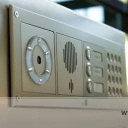 Metalowy panel domofonu z kamerą, głośnikiem i klawiaturą numeryczną, zamontowany na ścianie w budynku.