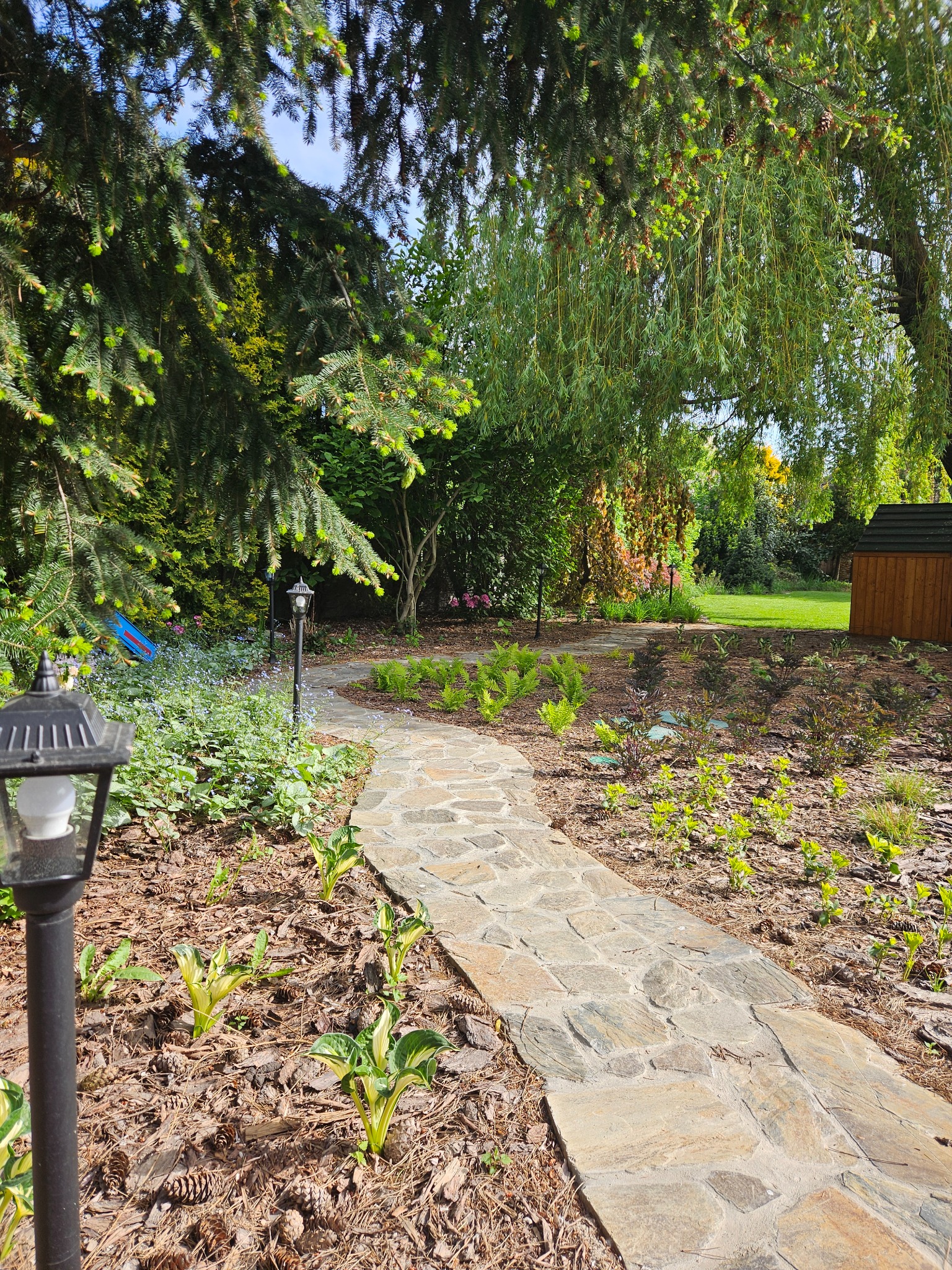 Kręta ścieżka z kamienia prowadzi przez bujny ogród z drzewami iglastymi i liściastymi, oświetlona lampami ogrodowymi. W tle widoczny drewniany domek.