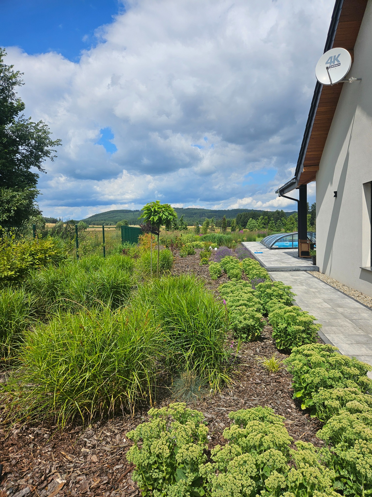 Nowoczesny ogród z ozdobnymi trawami i niskimi roślinami okrywowymi, ścieżka z płyt prowadząca do zadaszonego basenu, w tle pagórkowaty krajobraz pod błękitnym niebem.