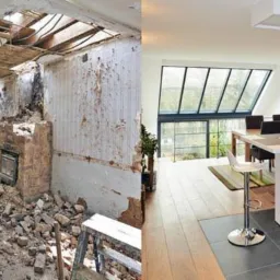 Kontrastowe zestawienie: zrujnowane wnętrze ze stertą gruzu i odsłoniętym stropem po lewej, a po prawej nowoczesna, jasna kuchnia z dużym oknem dachowym i wyspą kuchenną