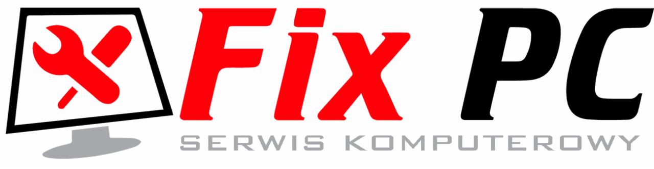 Logo firmy Fix PC Serwis Komputerowy: czerwony klucz na monitorze, czerwony napis Fix, czarny napis PC, szary dopisek Serwis Komputerowy.