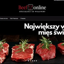 Strona internetowa sklepu z wołowiną BeefOnline.pl z hasłem 'Największy wybór mięs świeżych' i zdjęciem steków wołowych udekorowanych rozmarynem na ciemnym tle.